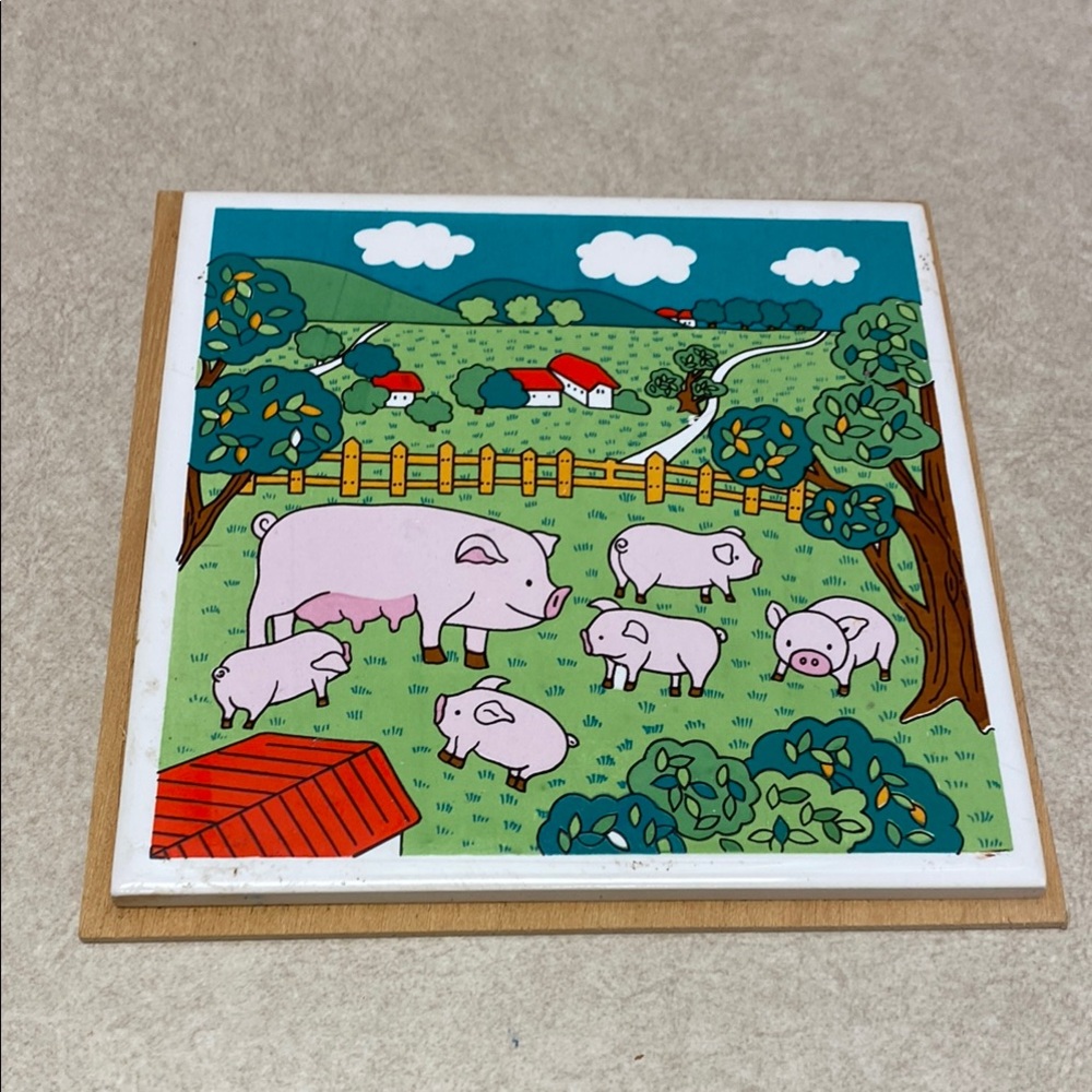 Farm Animal Art Tile with Pigs